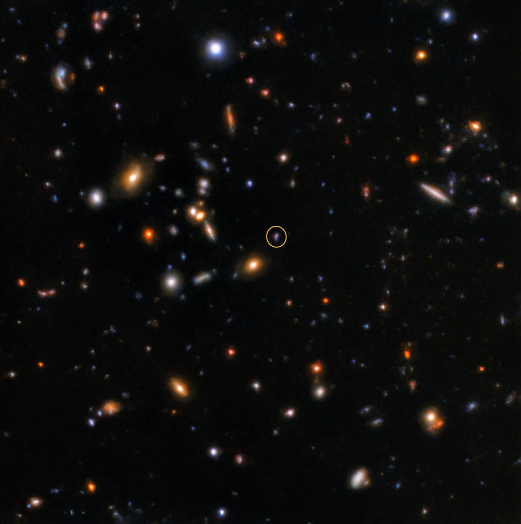 A deep telescope image of many faint, distant galaxies, with a small yellow circle marking a single point of light.