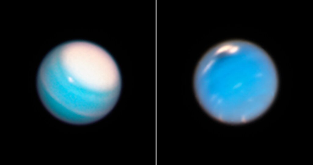 Two planets side by side in a split frame: a cyan world with a large white polar cap on the left, and a deep blue world with a dark storm on the right.