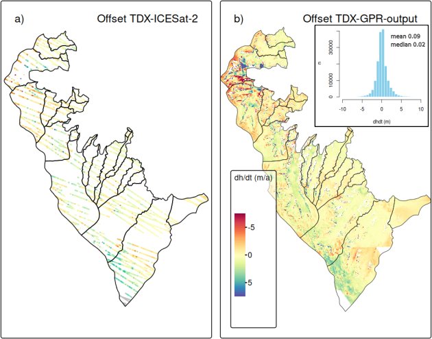 Two maps of the Larsen-B glaciers showing the offset between the laser results and the radar results, with a histogram of those offsets inset.