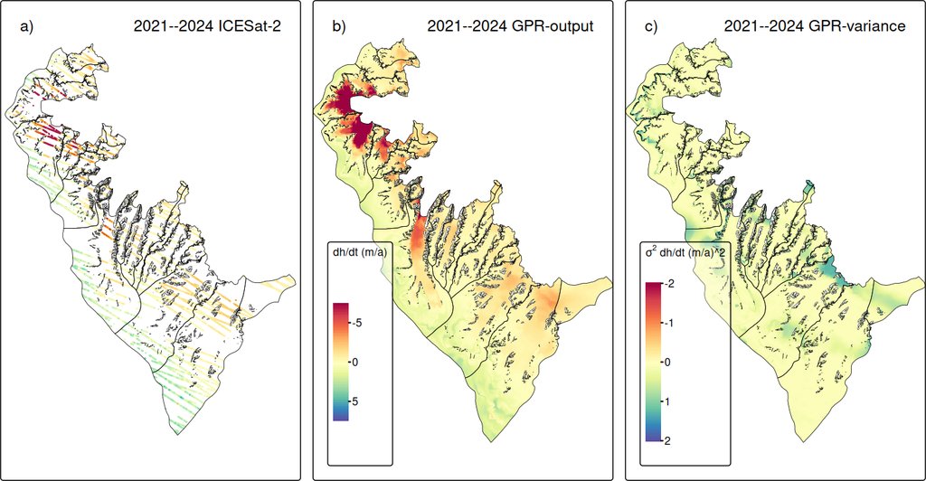 Three maps of the glaciers draining into the Larsen-B embayment: track measurements, an interpolated height-change field, and a variance map.