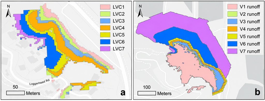 Two map panels of a hillside: on the left, seven nested colored polygons for landslide volume classes; on the right, the matching runout footprints. Each panel carries a north arrow and a scale bar in meters.