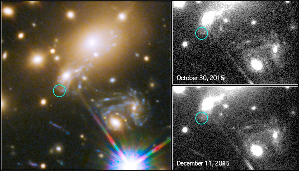 Three panels of a galaxy cluster. At left a color view with a cyan circle beside a chain of stretched blue galaxies, and at right two gray-scale closeups labeled Oct. 30, 2015 and Dec. 11, 2015, the later one showing a new point of light inside the circle.