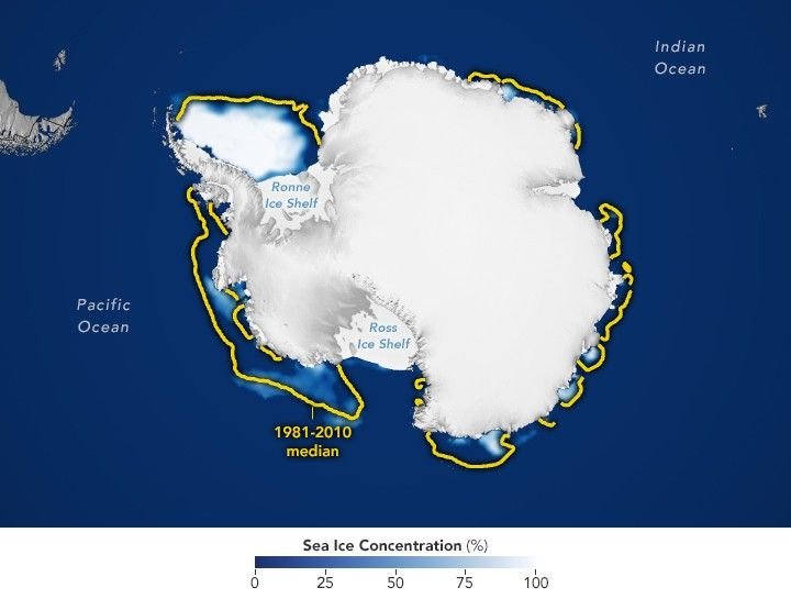 A polar map showing sea ice concentration around Antarctica on March 1, 2025, with a yellow line marking the 1981 to 2010 median extent well outside the ice edge.