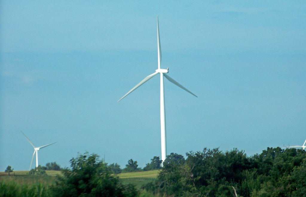 A white wind turbine rises above a line of trees and green cropland under a pale blue sky.