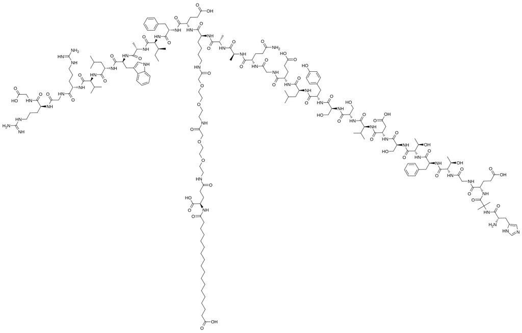 Full skeletal formula of semaglutide, a chain of 31 amino acids with a fatty acid chain attached partway along it.