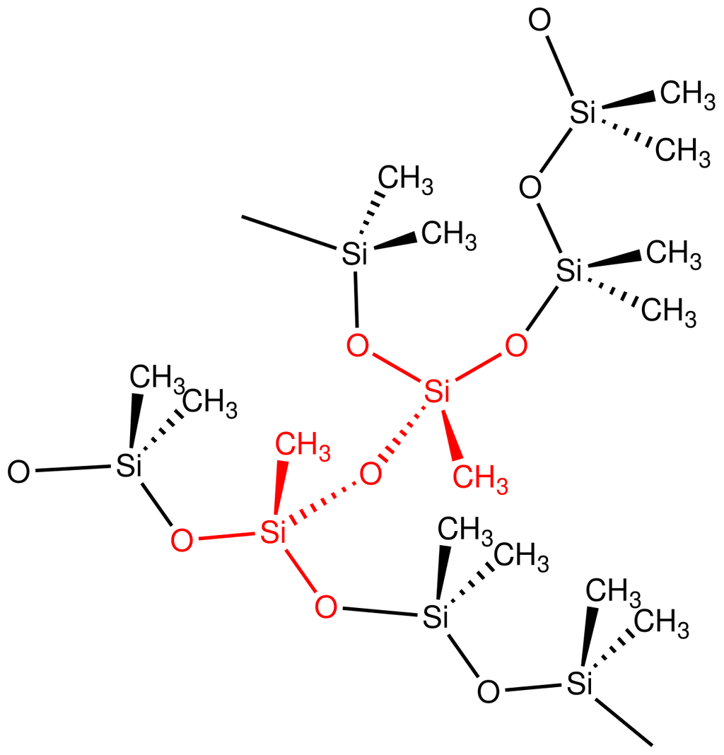 Structural diagram of a crosslinked silicone network in which silicon atoms carrying methyl groups are joined through oxygen bridges, with one crosslink point drawn in red.