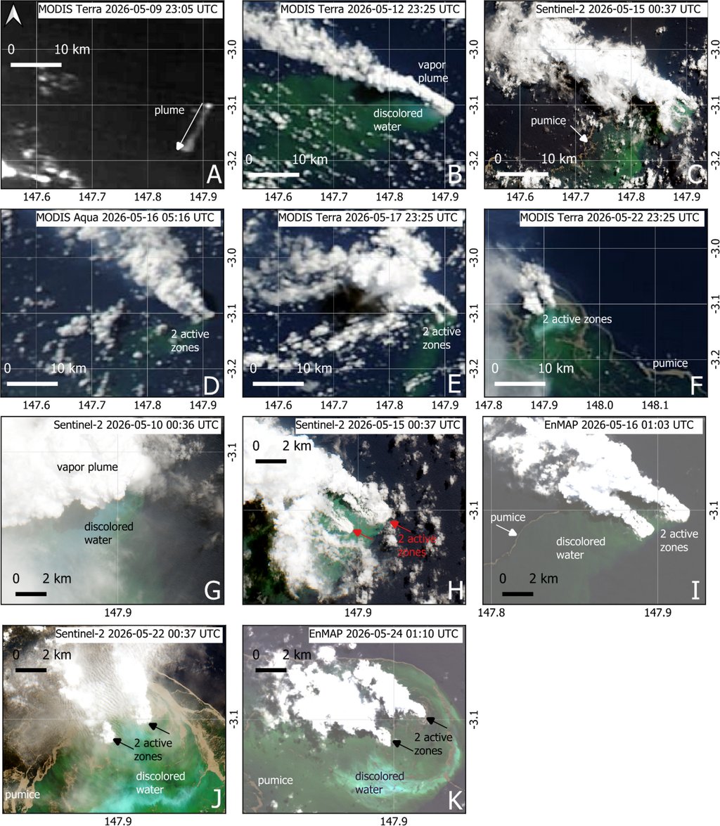 Eleven small satellite panels of the same patch of sea, each dated and scaled, showing a vapor plume, discolored water and spreading pumice over the course of two weeks.