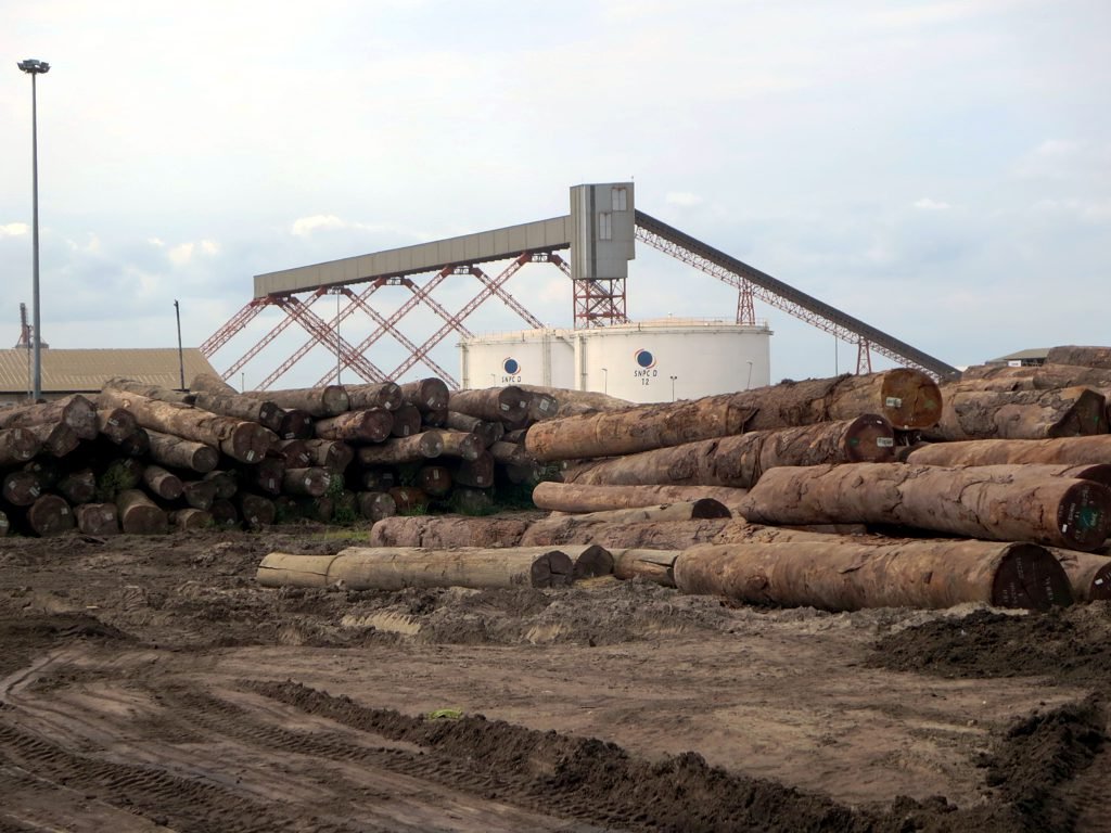Stacks of felled tropical hardwood logs lying on bare ground at a port, with a conveyor and storage tanks behind.